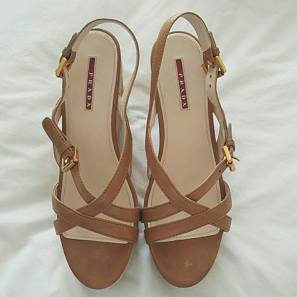 EUC Prada strappy platform brown tan sandals. Sz 8.5 or 9 EU 39 cork leather